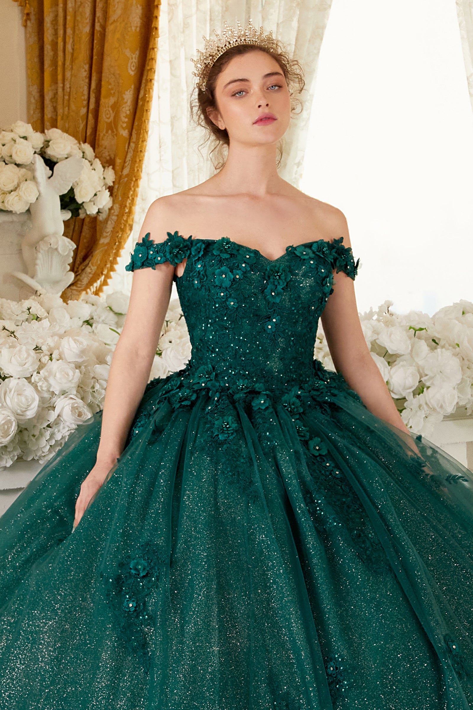 Ladivine 15702 Floral Off the Shoulder Floral Quince Ball Gown by DiscountDressShop