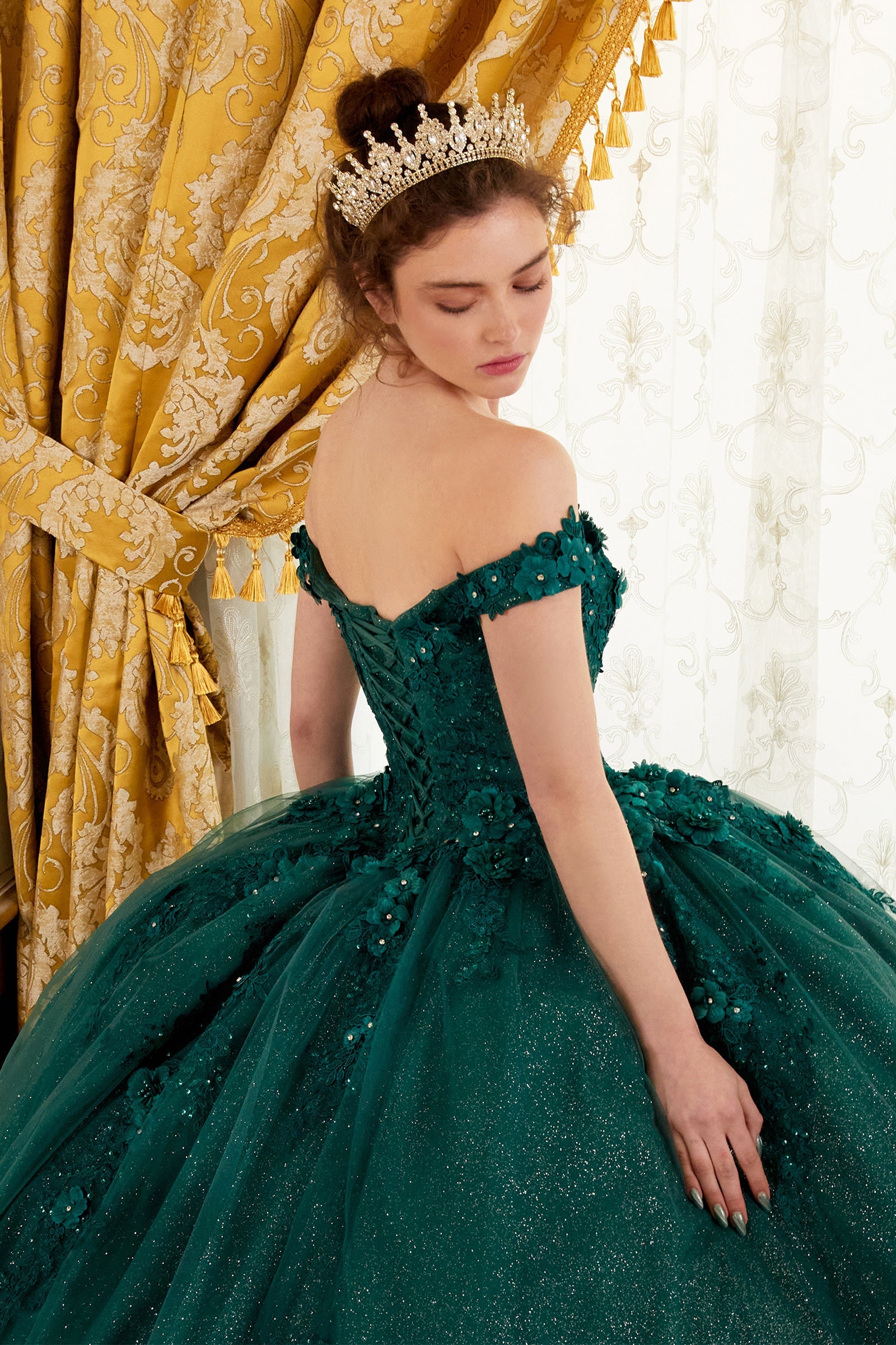 Ladivine 15702 Floral Off the Shoulder Floral Quince Ball Gown by DiscountDressShop