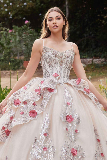 Ladivine 15703 Layered Tulle Quince Ball Gown With Foral Applique by DiscountDressShop