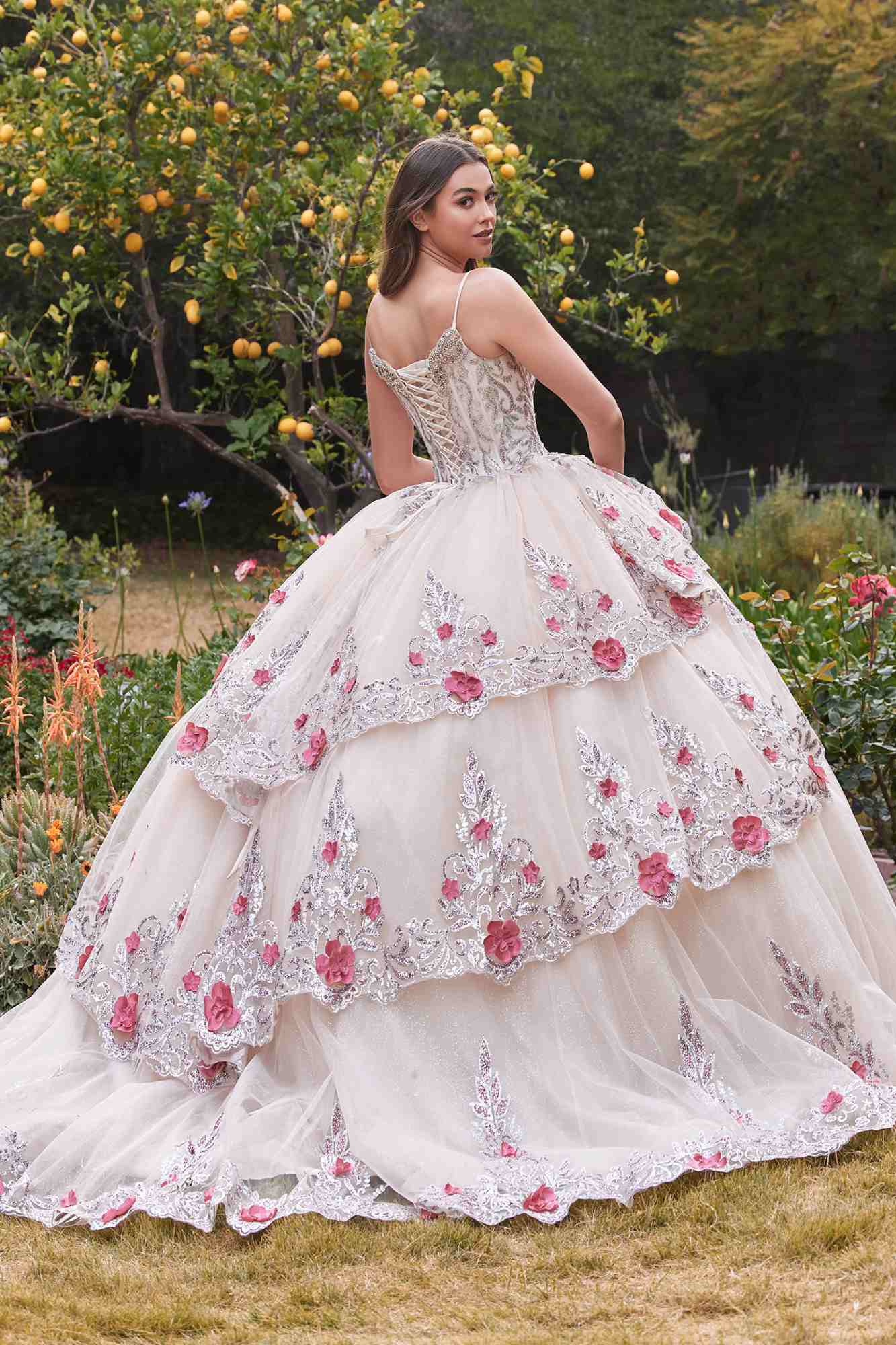 Ladivine 15703 Layered Tulle Quince Ball Gown With Foral Applique by DiscountDressShop
