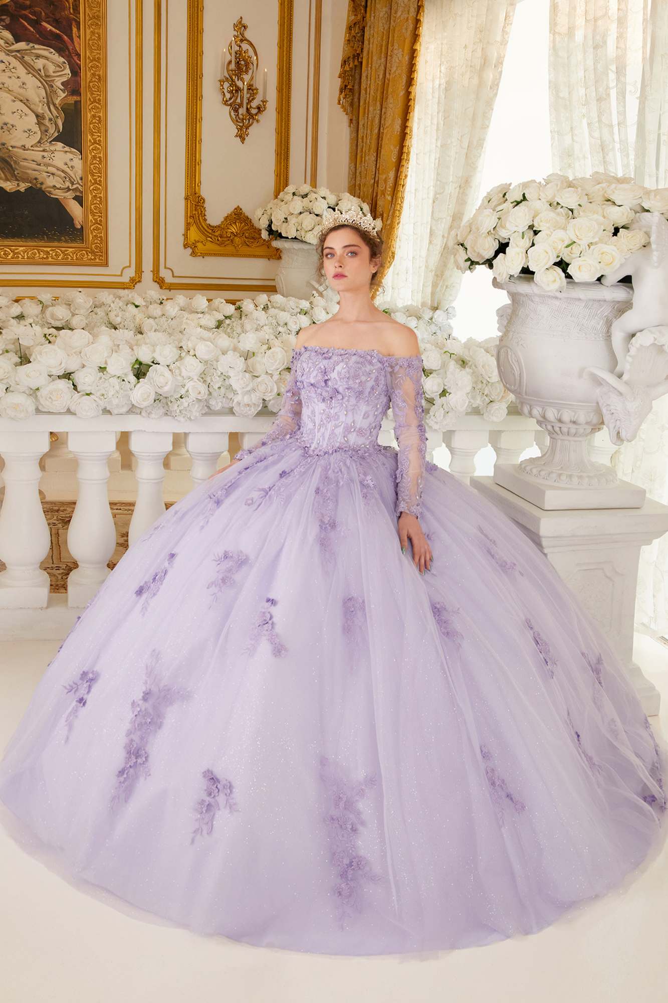 Ladivine 15706 Floor Length Off Shoulder Lace Long Sleeve Ball Gown by DiscountDressShop