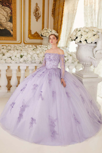 Ladivine 15706 Floor Length Off Shoulder Lace Long Sleeve Ball Gown by DiscountDressShop