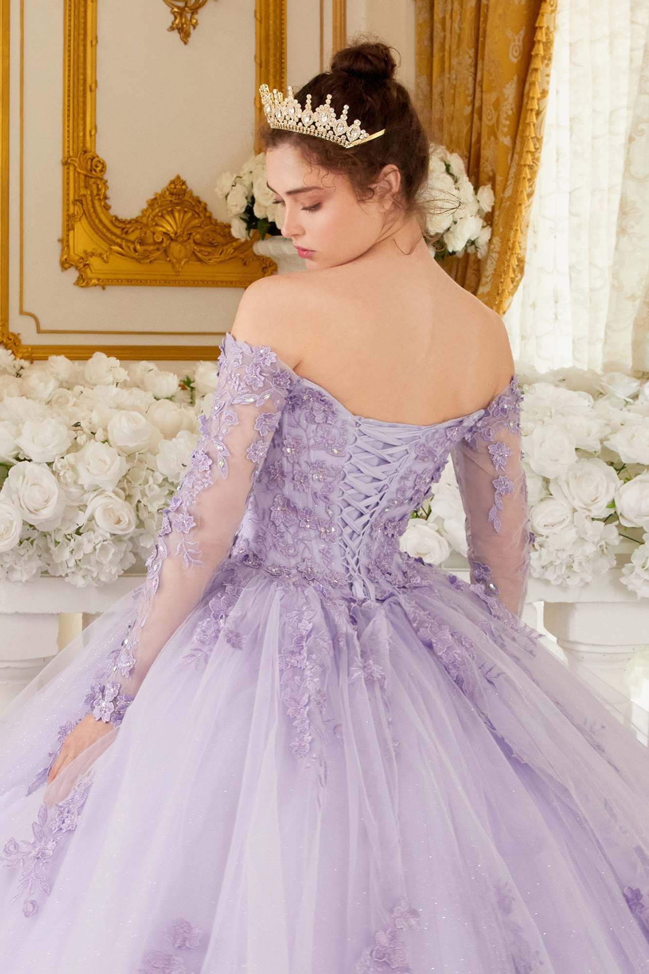 Ladivine 15706 Floor Length Off Shoulder Lace Long Sleeve Ball Gown by DiscountDressShop