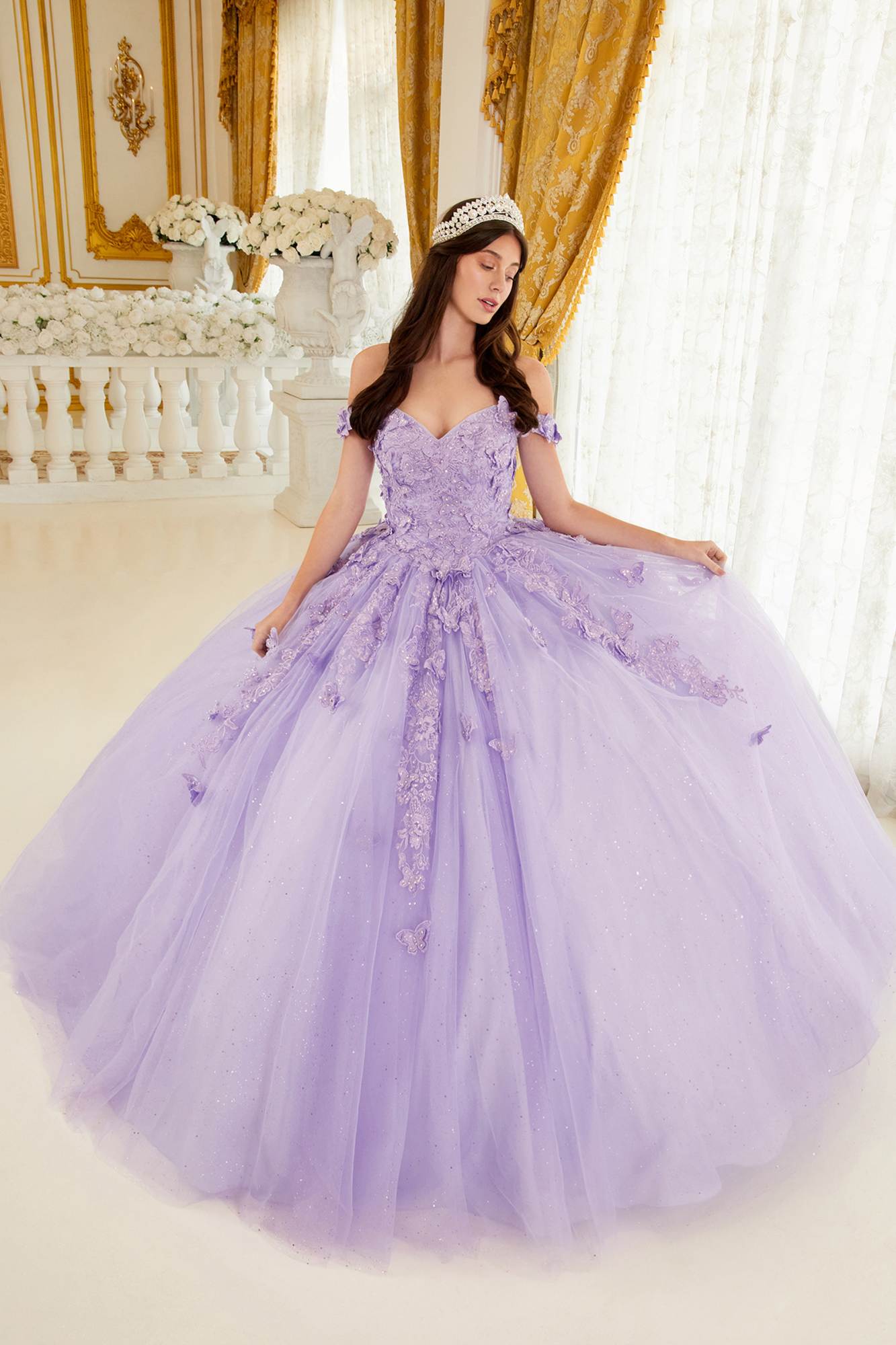 Ladivine 15709 Floor Length Layered Tulle Ball Gown Lace Applique by DiscountDressShop