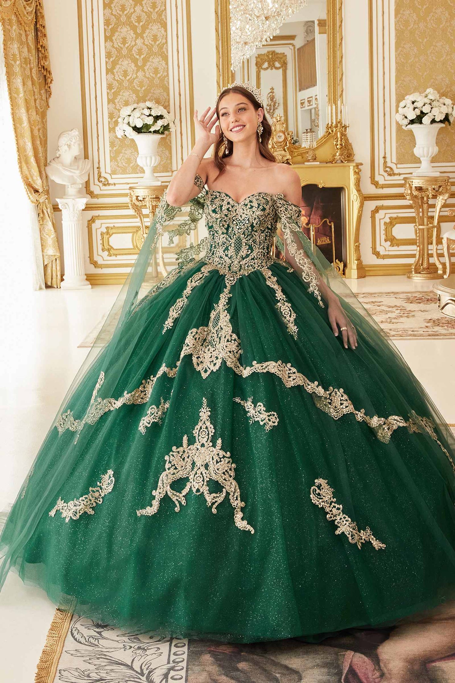 Ladivine 15711 Off the Shoulder Glitter Tulle A-Line Ball Gown Removable Cape by DiscountDressShop
