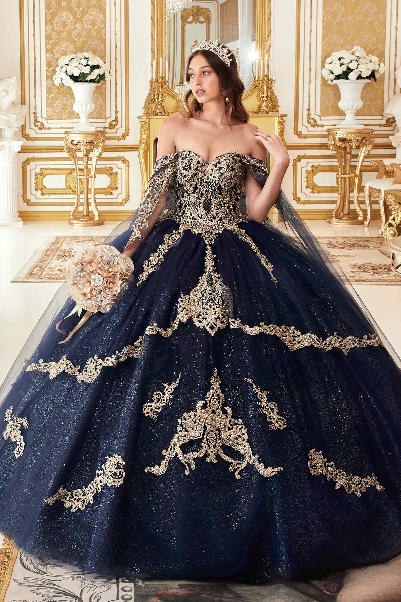 Ladivine 15711 Off the Shoulder Glitter Tulle A-Line Ball Gown Removable Cape by DiscountDressShop