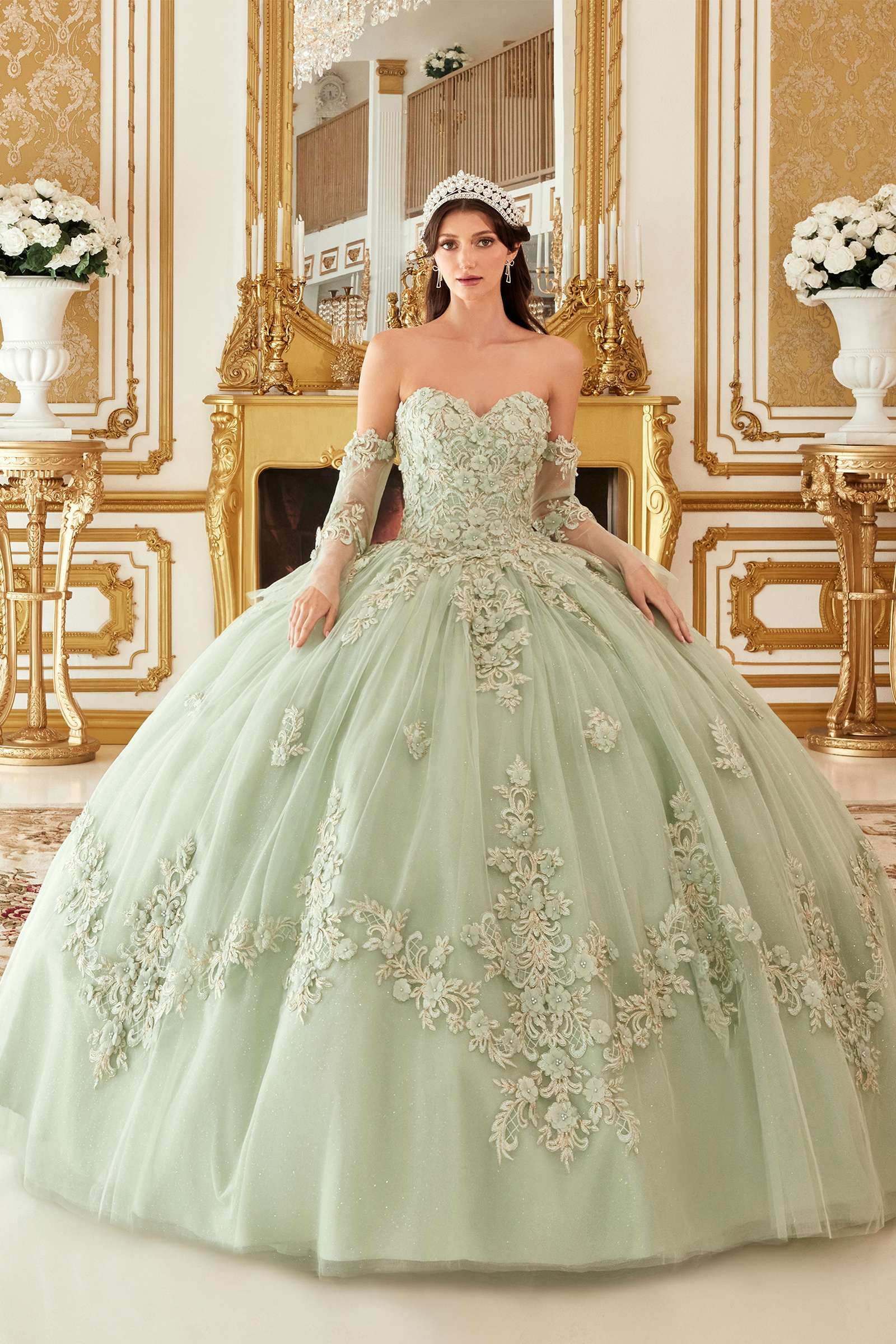 Ladivine 15714 Long Poofy Cinderella A-Line Ballgown Strapless with Gloves by DiscountDressShop