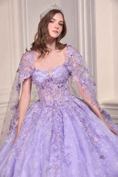 Ladivine 15719 Long Poofy Quinceanera Gown With Tulle Cape by DiscountDressShop