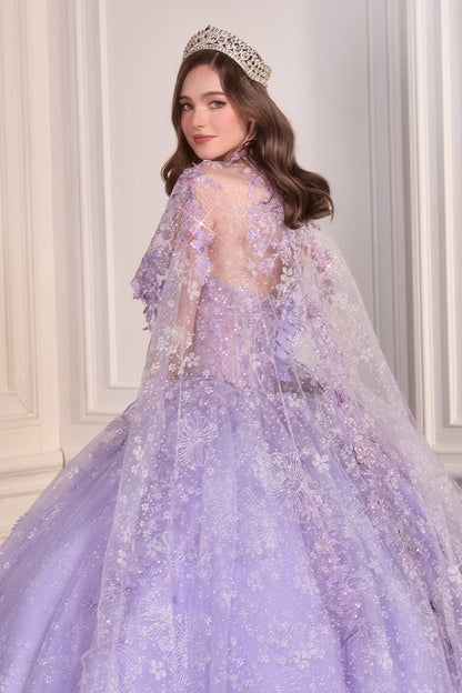 Ladivine 15719 Long Poofy Quinceanera Gown With Tulle Cape by DiscountDressShop