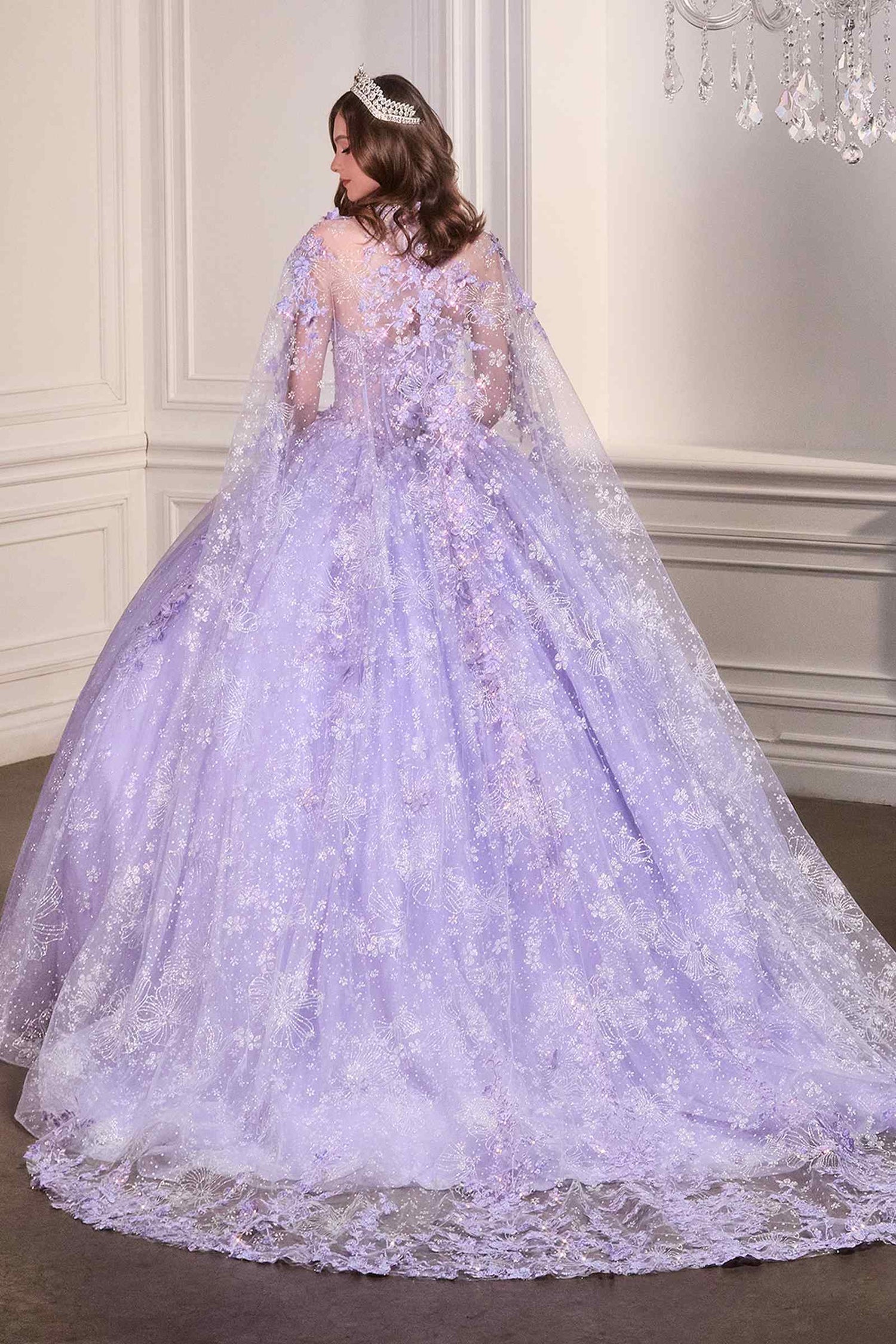 Ladivine 15719 Long Poofy Quinceanera Gown With Tulle Cape by DiscountDressShop
