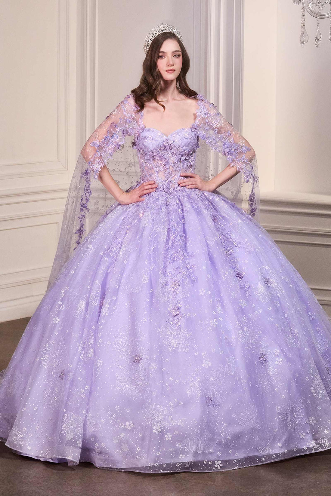 Ladivine 15719 Long Poofy Quinceanera Gown With Tulle Cape by DiscountDressShop