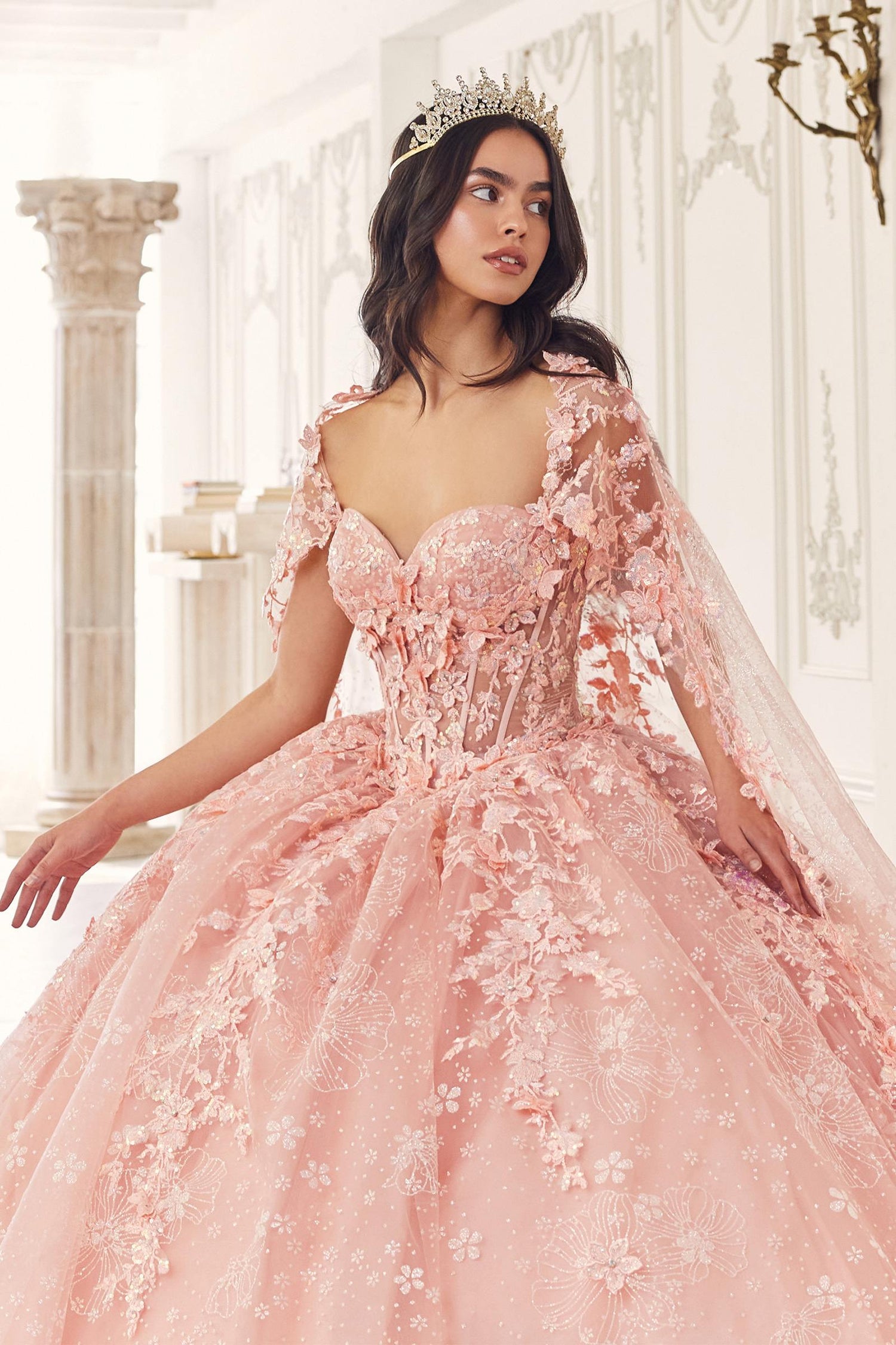 Ladivine 15719 Long Poofy Quinceanera Gown With Tulle Cape by DiscountDressShop
