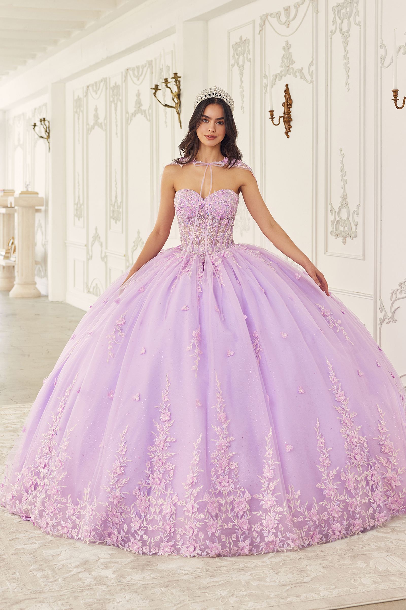 Ladivine 15723 Long Poofy A-Line Quinceanera Gown with Tulle Cape by DiscountDressShop