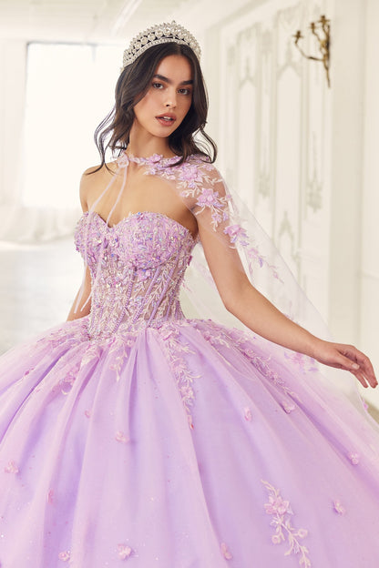 Ladivine 15723 Long Poofy A-Line Quinceanera Gown with Tulle Cape by DiscountDressShop