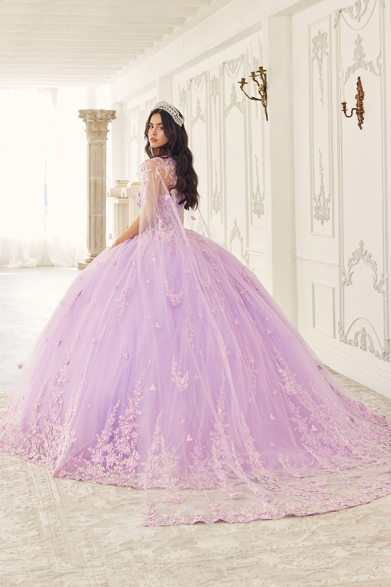 Ladivine 15723 Long Poofy A-Line Quinceanera Gown with Tulle Cape by DiscountDressShop