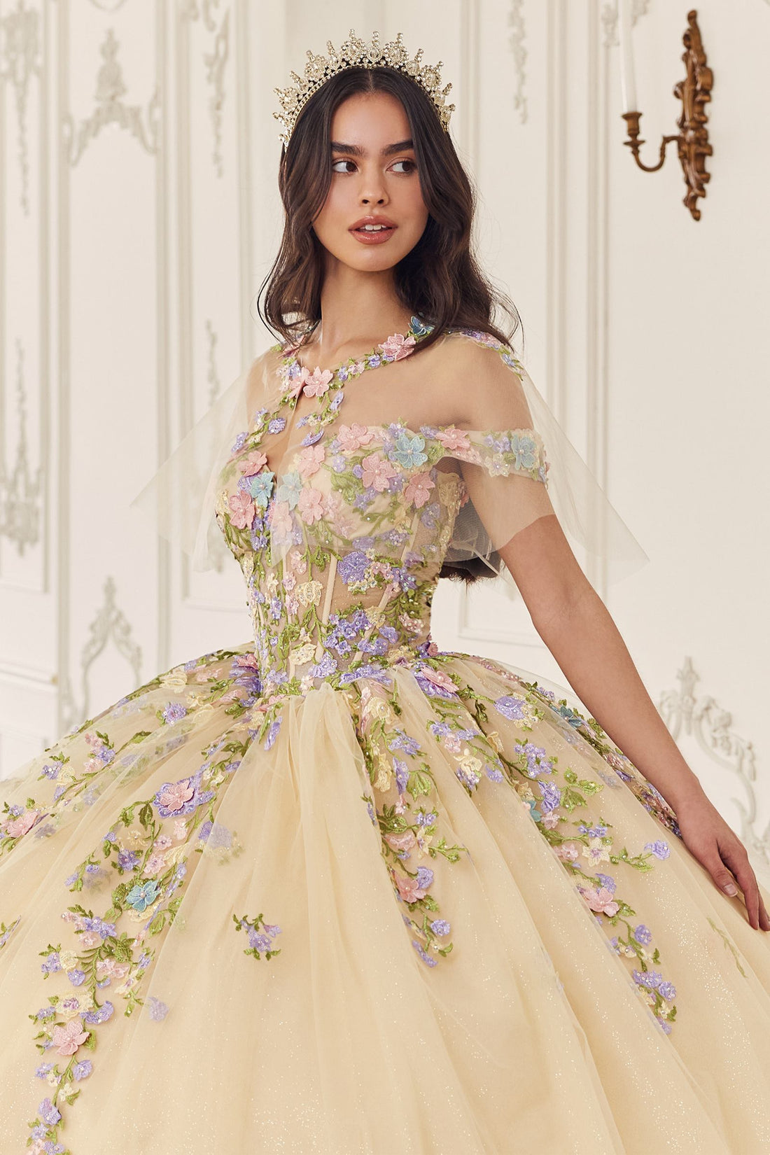 Ladivine 15724 Floral Lace Applique Quinceanera Gown Removable Capelet by DiscountDressShop