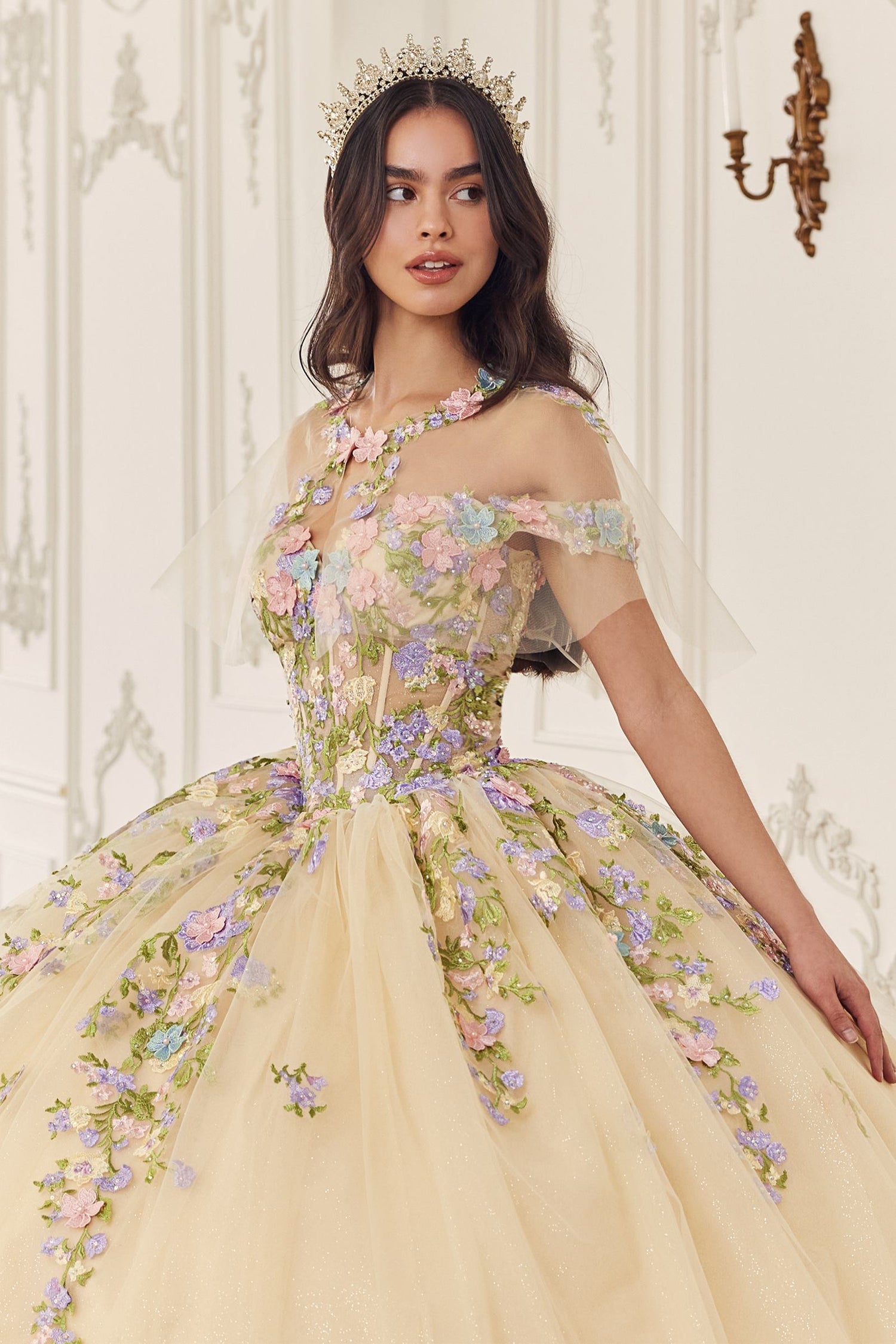 Ladivine 15724 Floral Lace Applique Quinceanera Gown Removable Capelet by DiscountDressShop