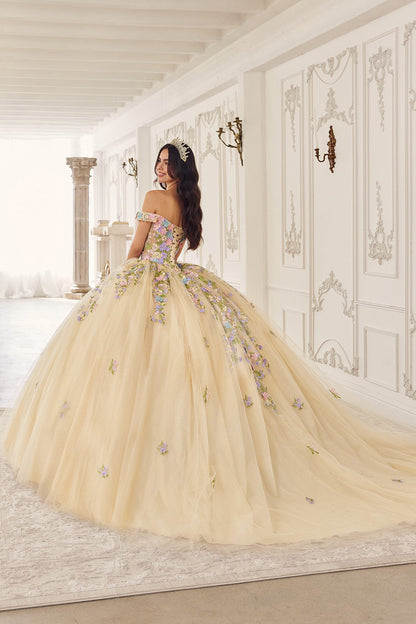Ladivine 15724 Floral Lace Applique Quinceanera Gown Removable Capelet by DiscountDressShop