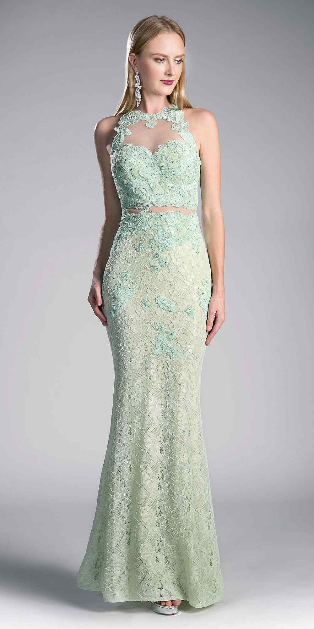 Cinderella Divine 1586 Halter Lace Appliques Mock Two-Piece Gown by DiscountDressShop