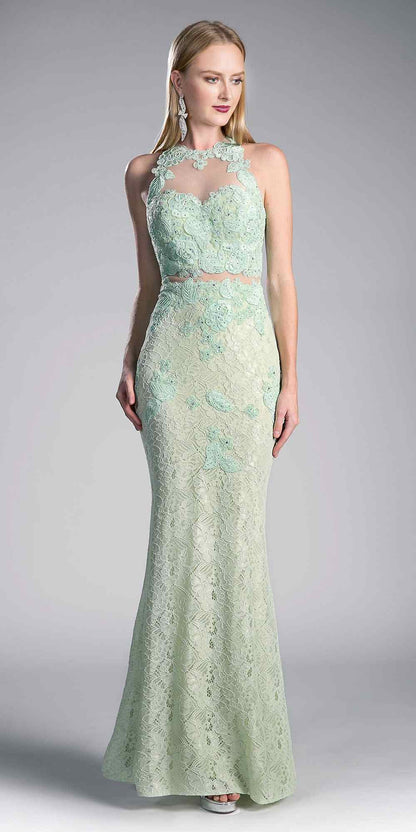 Cinderella Divine 1586 Halter Lace Appliques Mock Two-Piece Gown by DiscountDressShop