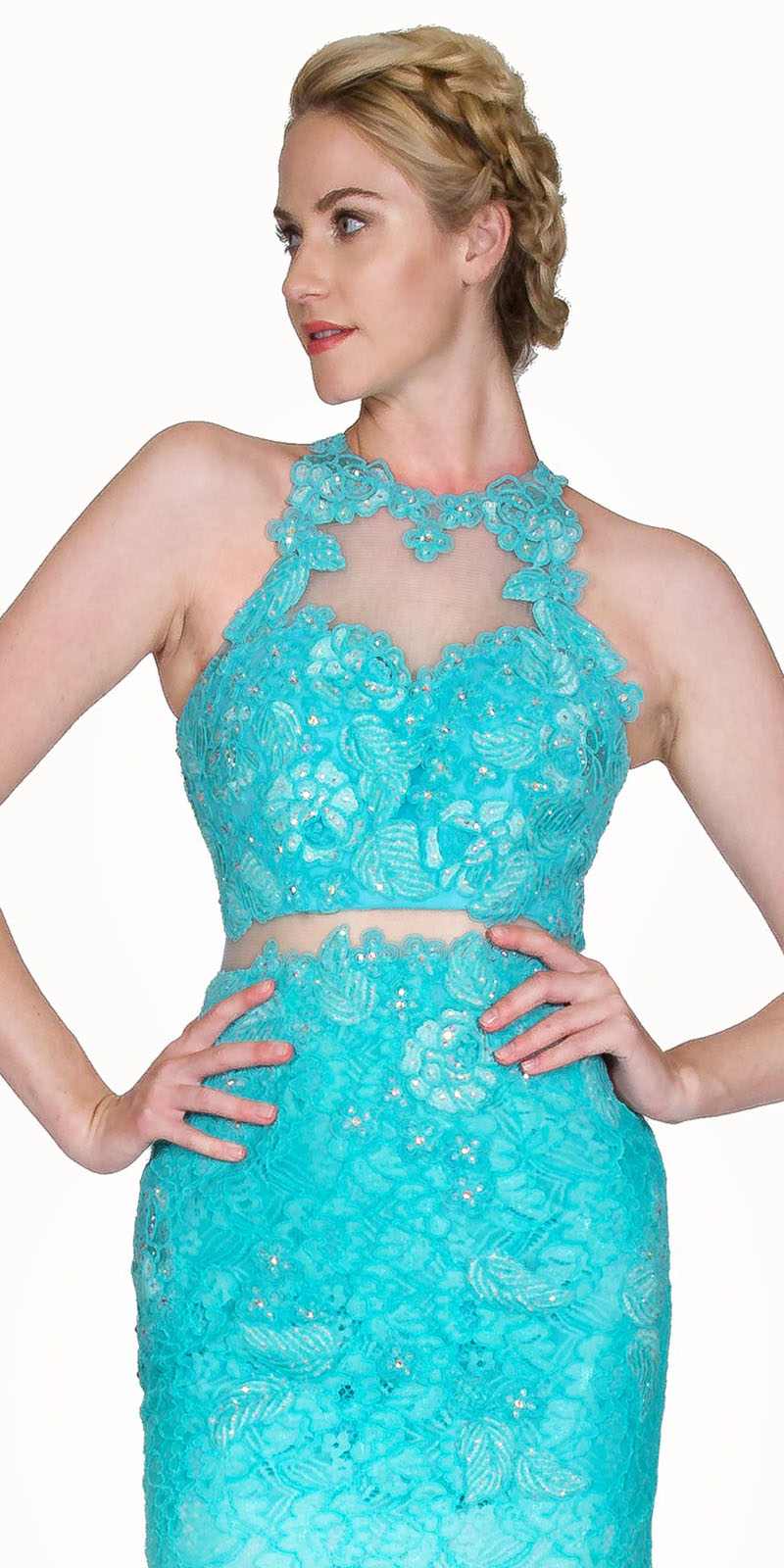 Cinderella Divine 1586 Halter Lace Appliques Mock Two-Piece Gown by DiscountDressShop