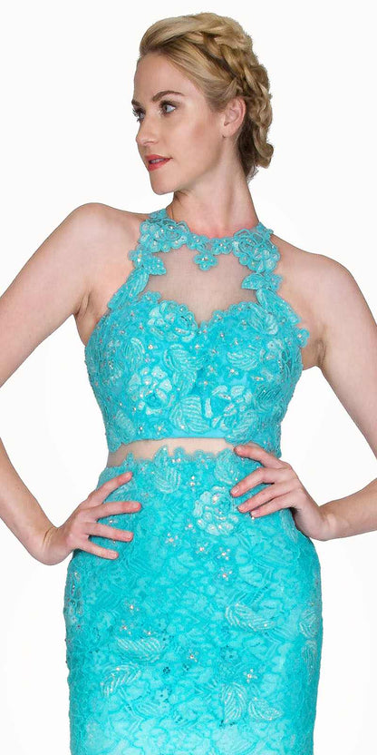 Cinderella Divine 1586 Halter Lace Appliques Mock Two-Piece Gown by DiscountDressShop