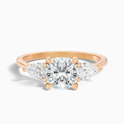Hilary 4.5 Carat Three Stone Cushion With Pear SIde Stones Moissanite Diamond Ring in 14k Rose Gold