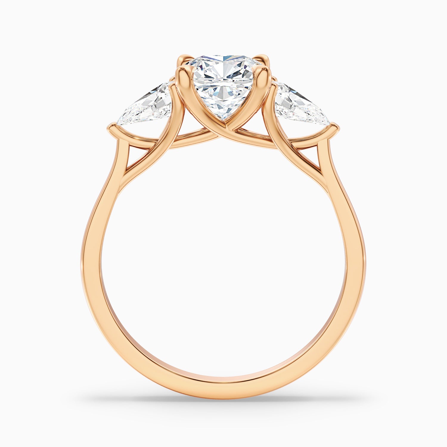 Hilary 1 Carat Three Stone Cushion With Pear SIde Stones Moissanite Diamond Ring in 14k Rose Gold