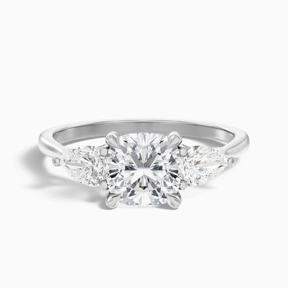 Hilary 3 Carat Three Stone Cushion With Pear SIde Stones Moissanite Diamond Ring in 925 Sterling Silver