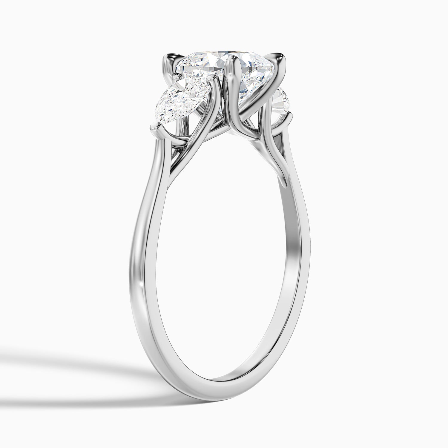 Elva 2.5 Carat Three Stone Cushion With Pear Side Stones Lab Grown Diamond Ring in Platinum
