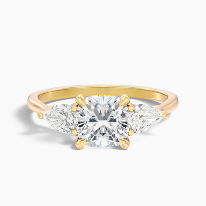 Hilary 3 Carat Three Stone Cushion With Pear SIde Stones Moissanite Diamond Ring in 18k White Gold