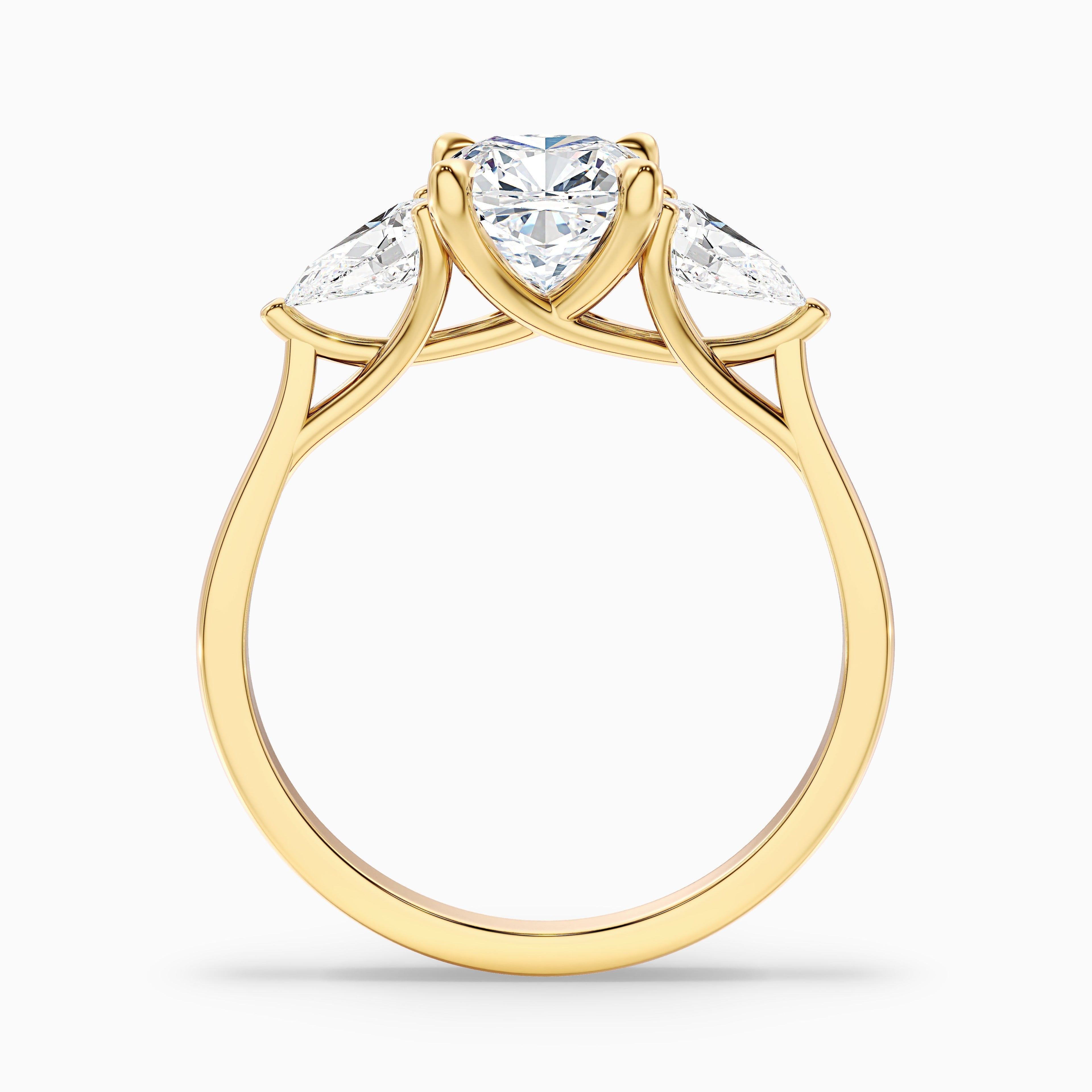 Elva 1.5 Carat Three Stone Cushion With Pear Side Stones Lab Grown Diamond Ring in 10k Yellow Gold