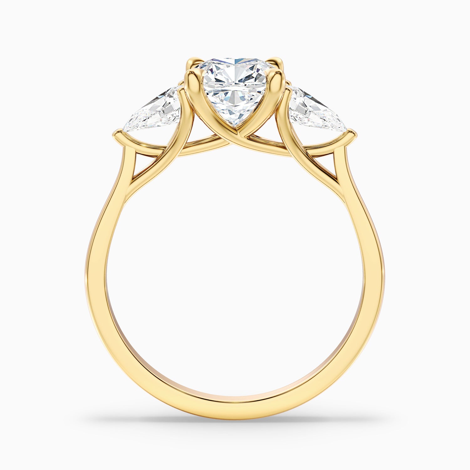 Hilary 1 Carat Three Stone Cushion With Pear SIde Stones Moissanite Diamond Ring in 18k Yellow Gold