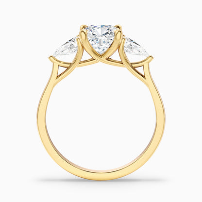 Hilary 1 Carat Three Stone Cushion With Pear SIde Stones Moissanite Diamond Ring in 14k Yellow Gold