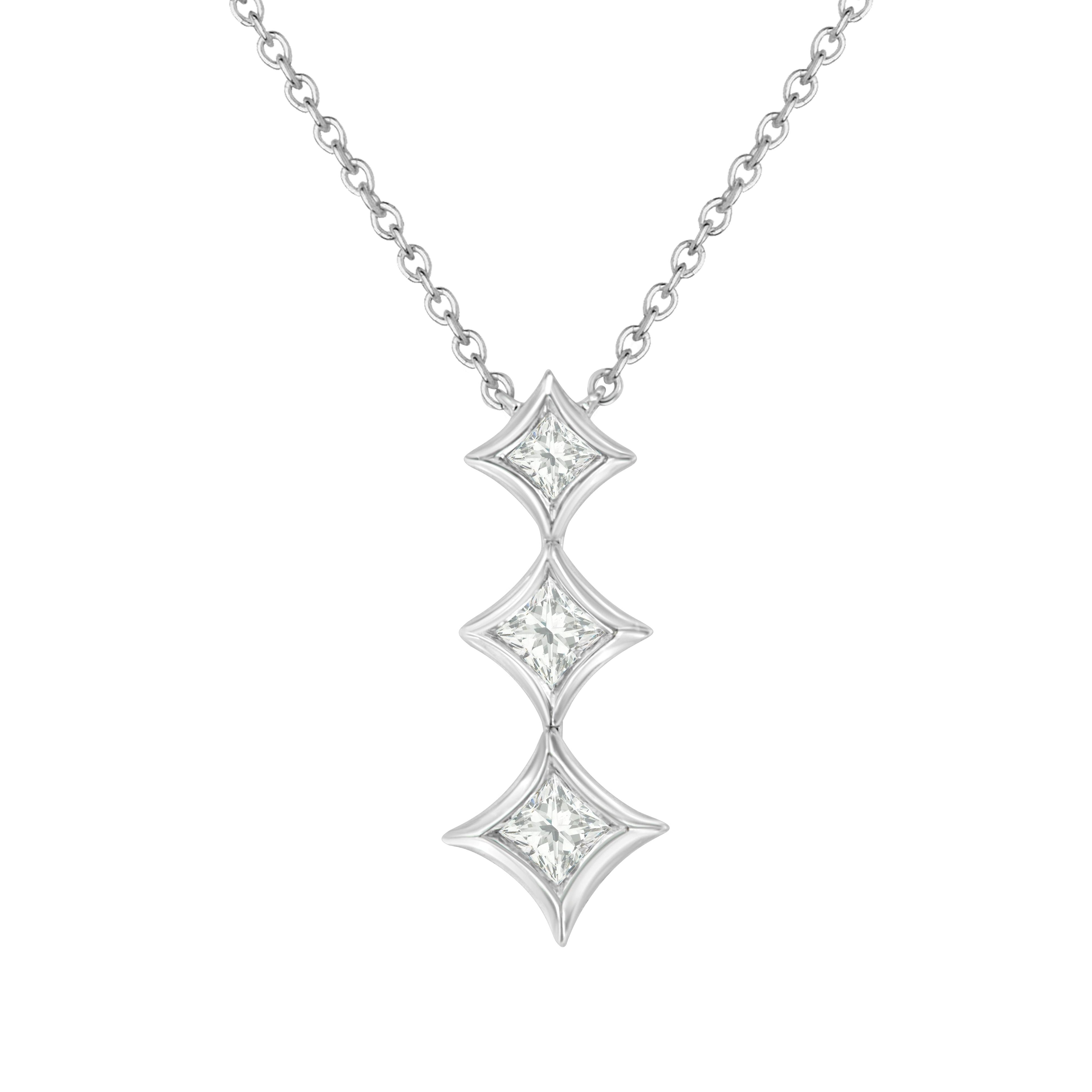 10K White Gold 1/5 Cttw Princess Cut Diamond 3 Stone Drop 18" Pendant Necklace (H-I Color, SI2-I1 Clarity) by Bids.com