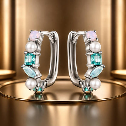 925 Sterling Silver Earrings with Nano Opal, Shell Pearl and Glass, 1.4cm for Women  DestGlow