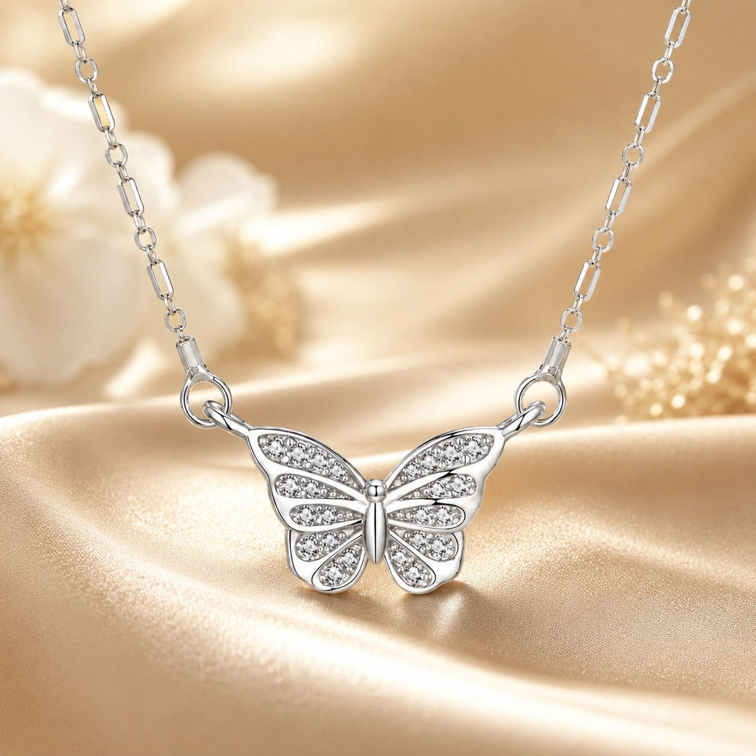 925 Sterling Silver Necklace with Pavé Setting CZ, Length 390+60mm, Pendant Size 8x15mm, for Women  DestGlow