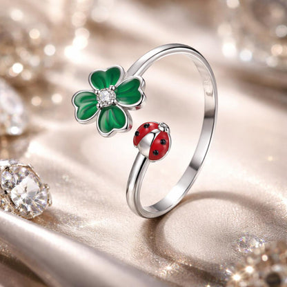 925 Sterling Silver Ladybug Four-leaf Clover Ring for Women  DestGlow