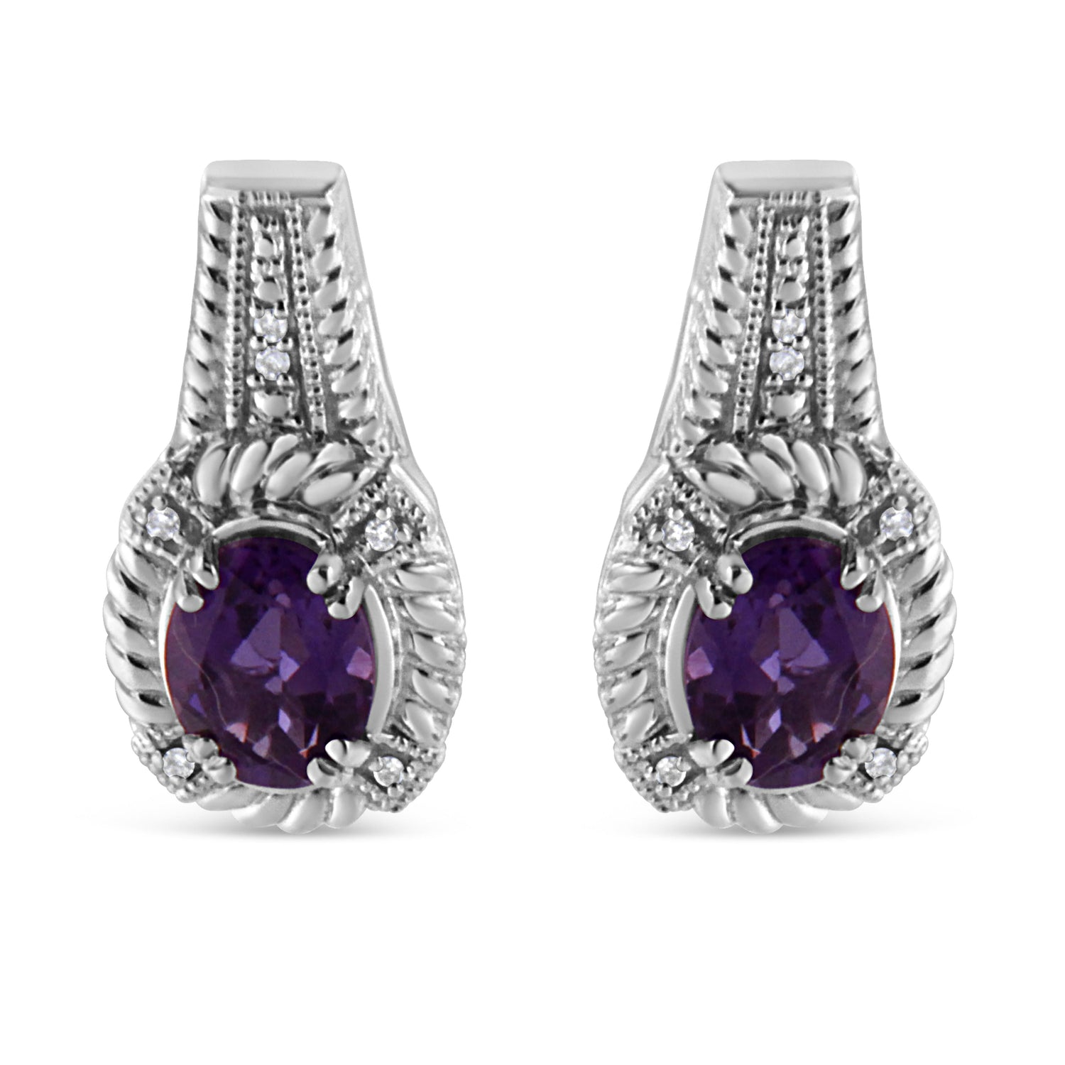 .925 Sterling Silver 8x6 MM Natural Oval Purple Amethyst Gemstone and Diamond Accent Art Deco Style Drop and Dangle Earrings (I-J Color, I1-I2 Clarity) by Bids.com