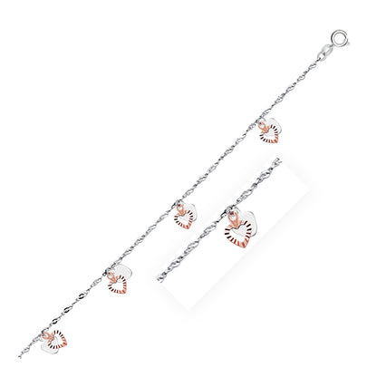 14k White and Rose Gold Anklet with Dual Heart Charms by Bids.com