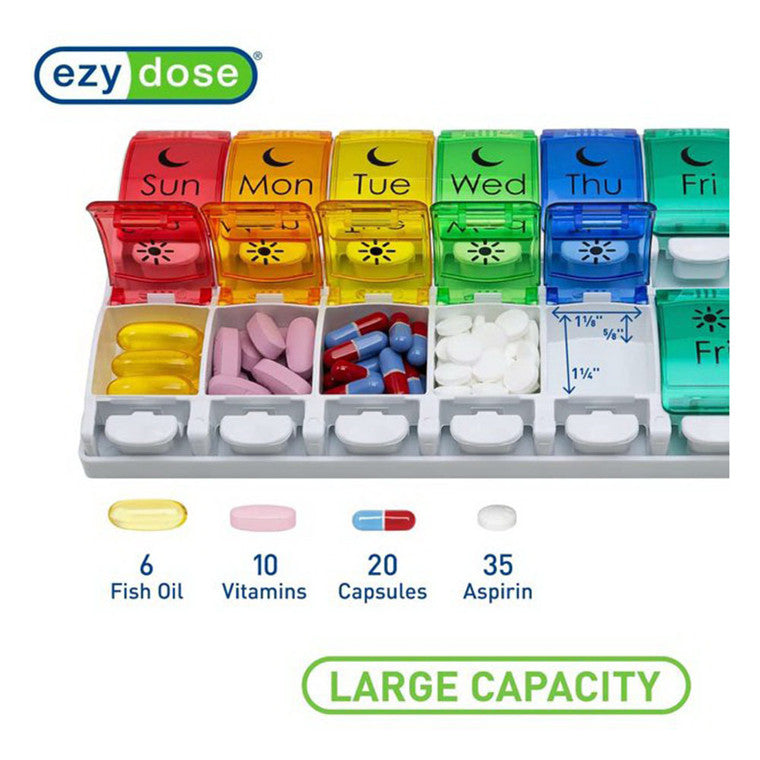 Ezy Dose 7-Day AM/PM Pill Organizer, Large Push Button – Weekly Medication Planner by Pasteur Pharmacy