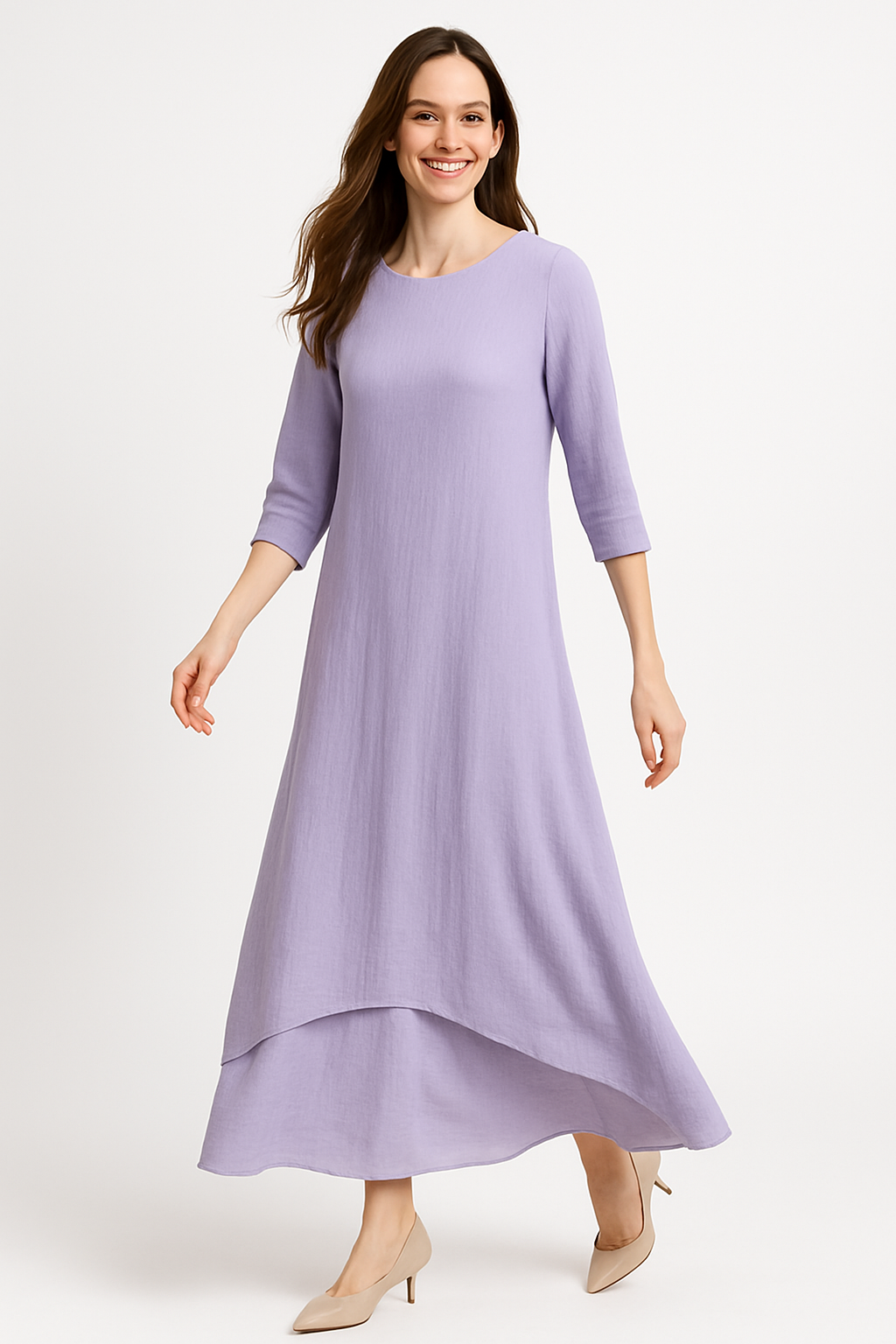 Modest Maxi Dress - Three Quarter Sleeve Soft Cotton Crinkle Fabric Double Layer Design by Kosher Casual USA