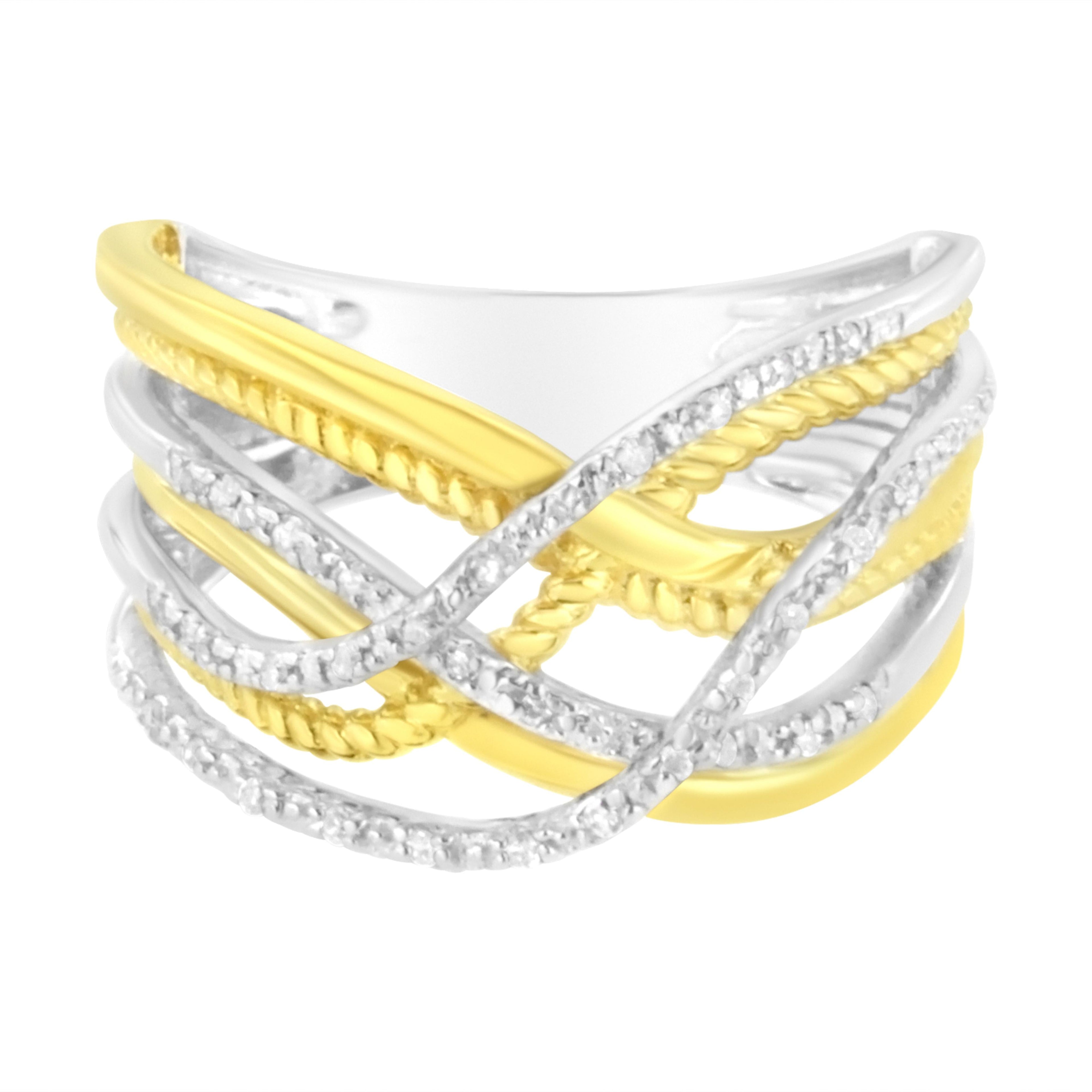 10K Yellow Gold Plated .925 Sterling Silver 1/10 Cttw Diamond Multi Row Crossover Ring Band (I-J Color, I1-I2 Clarity) - Size 7  DestGlow