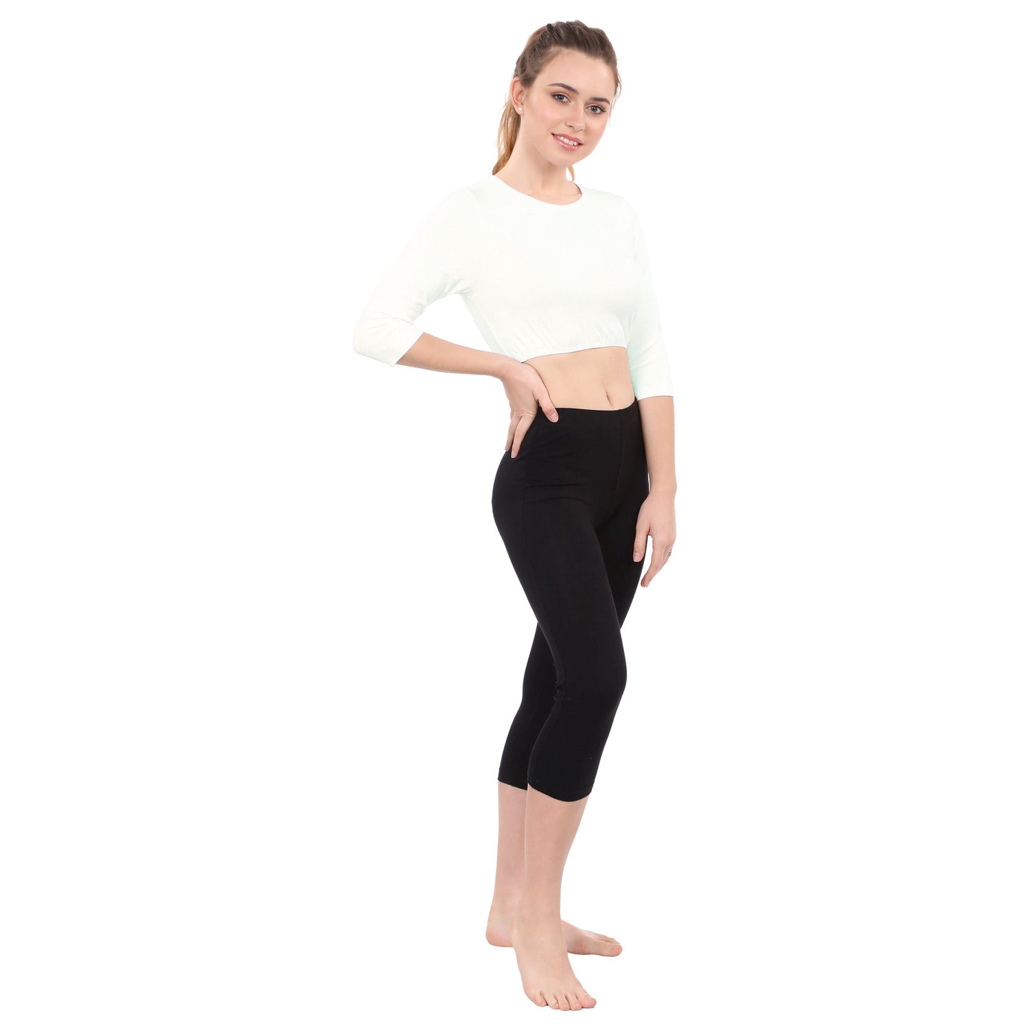 Modest Neck Cropped Layering - Cotton Spandex 3/4 Sleeve Shell Top by Kosher Casual USA