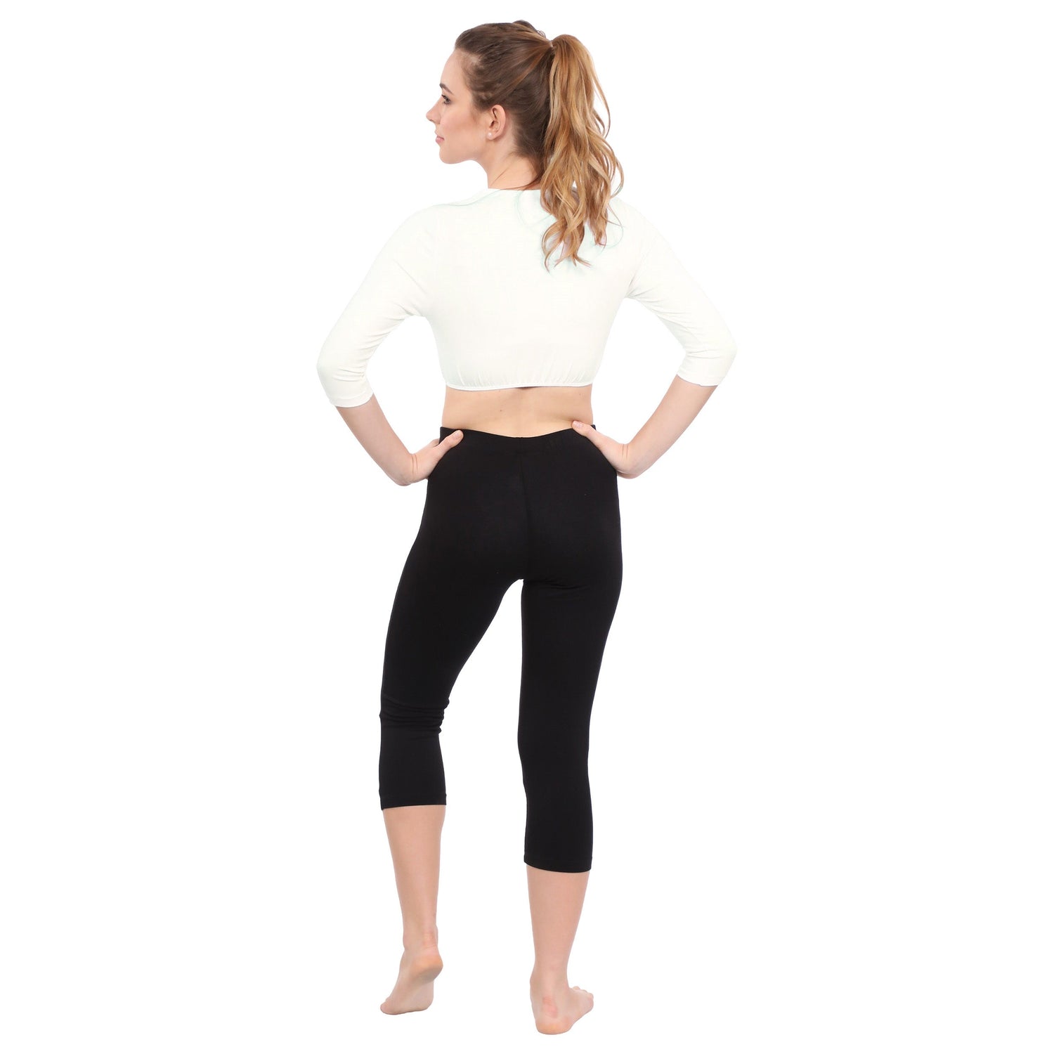 Modest Neck Cropped Layering - Cotton Spandex 3/4 Sleeve Shell Top by Kosher Casual USA
