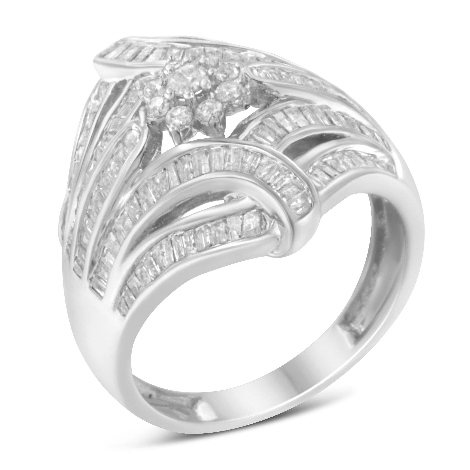 .925 Sterling Silver 1-1/8 Cttw Round &amp; Baguette Diamond &