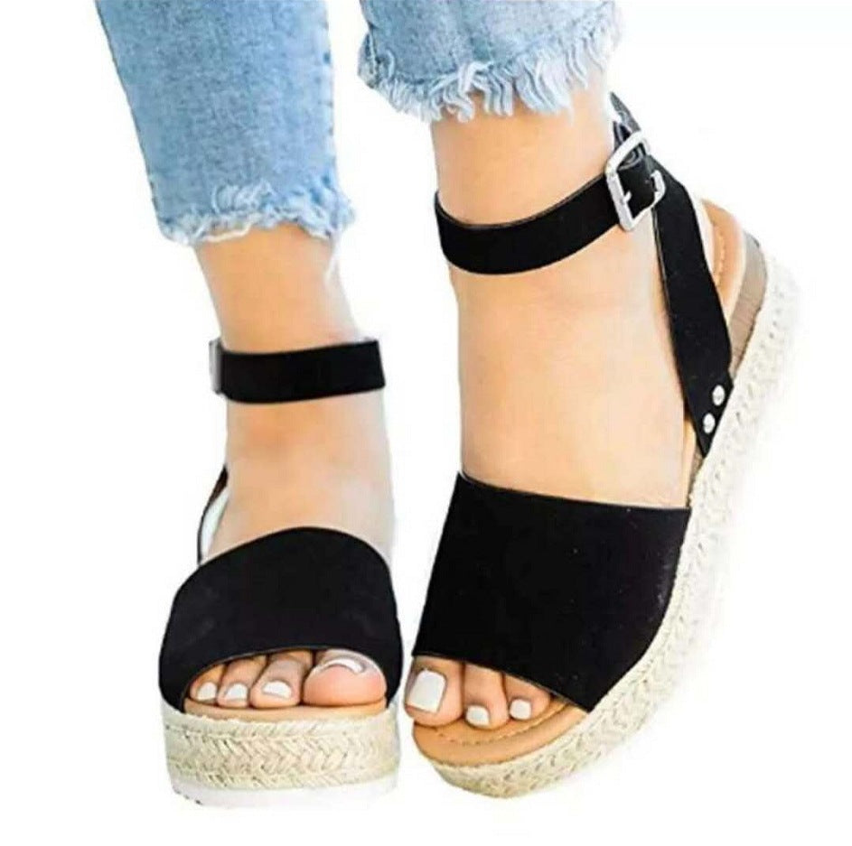 plus Size Summer Platform Heel Buckle Sandals Women Leopard Print Hemp Rope Woven Wedge  DestGlow
