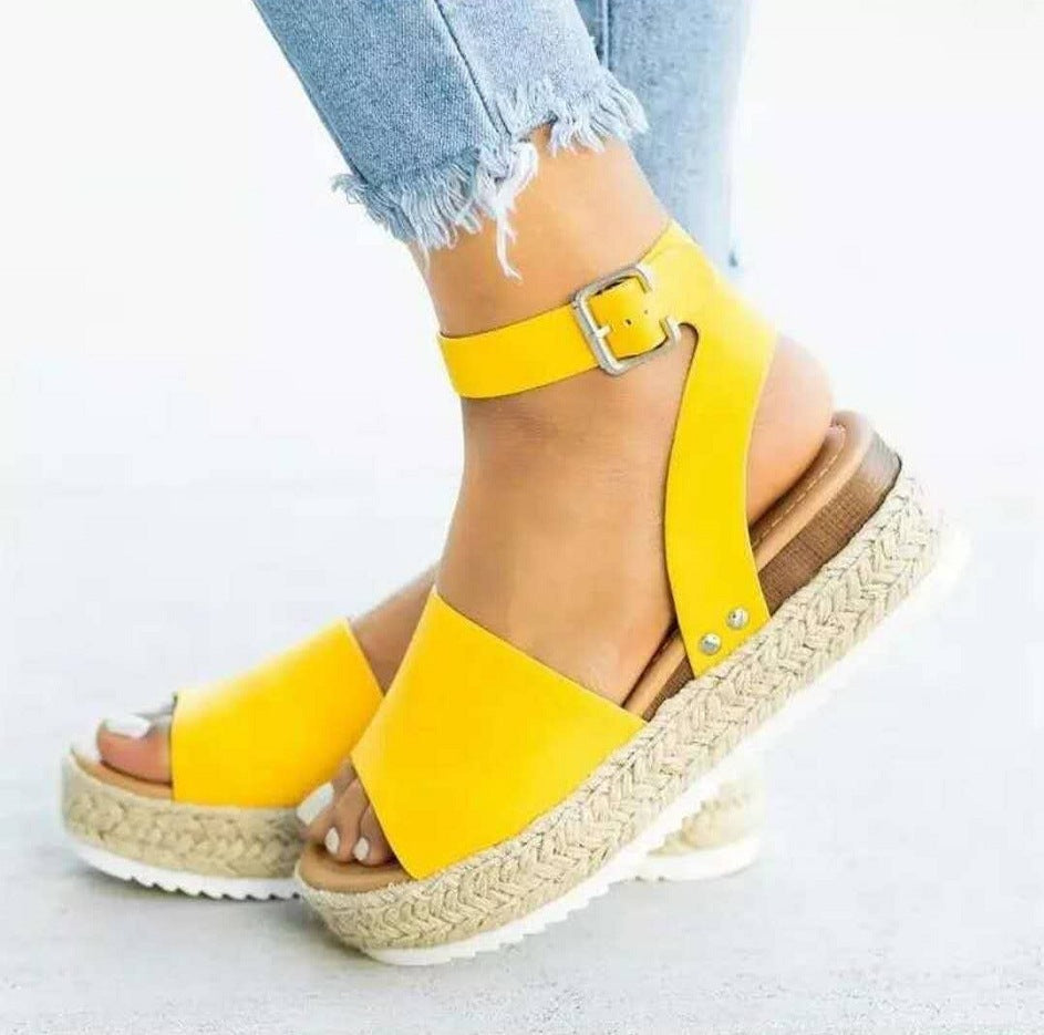 plus Size Summer Platform Heel Buckle Sandals Women Leopard Print Hemp Rope Woven Wedge  DestGlow
