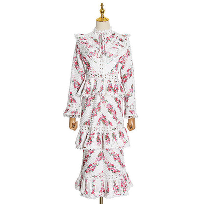 Australia Spring Retro Heavy Industry Crocheted Stand Collar Pleated Tiered Dress Ruffled Long Sleeve Dress by Ragazza