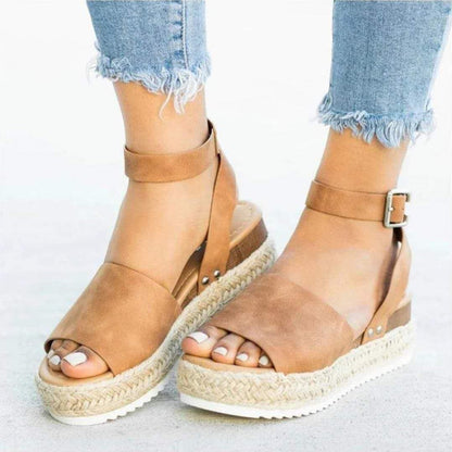plus Size Summer Platform Heel Buckle Sandals Women Leopard Print Hemp Rope Woven Wedge  DestGlow